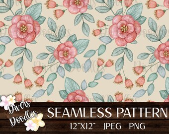 May include: A seamless pattern featuring pink flowers with gold centers and green leaves on a cream background. The pattern is 12 inches by 12 inches and is available in JPEG and PNG formats.