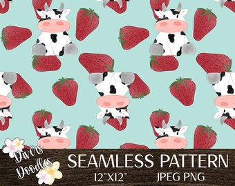 Cow Seamless File for Fabric, Hand Drawn Seamless Patterns, Strawberry Digital Paper for Commercial Use, Baby Coming Home, Watercolor