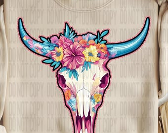 Kwiatowa czaszka byka png, clipart czaszki krowy boho, zachodnia kwiatowa sztuka czaszki png do pobrania cyfrowego