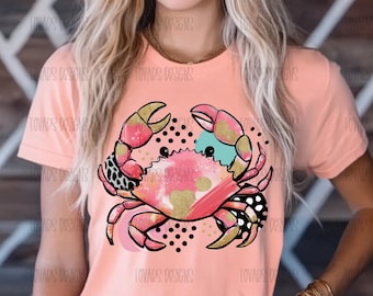 Cangrejo coqueto y preppy PNG: Diseño veraniego rosa y dorado (sublimación/impresión)