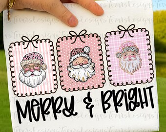 Merry and Bright png, Pink Christmas Sublimation design, Coquette Santa Digital Download