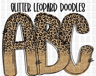 Doodle Letters, Sublimation Upper Case Alphabet, Alphabet gold glitter LEOPARD Bundle png Alpha Pack Digital Download, leopard Doodle Letter