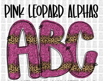 Pink Glitter Leopard Doodle Alphabet, PNG Clipart (Digital Download)