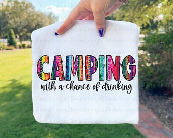 Camping con posibilidad de beber (PNG), diseño divertido de sublimación para camping, clipart de cerveza para fogatas, arte imprimible con humor al aire libre