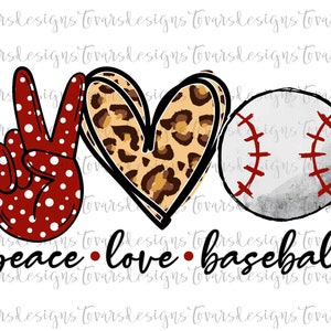 May include: Peace sign with white polka dots on a red background, a heart with a leopard print, and a baseball with red stitching. The text "peace love baseball" is below the images.