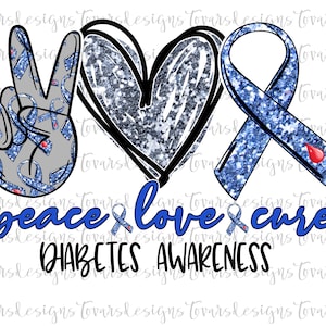 Op de afbeelding: Peace, love, and cure diabetes awareness afbeelding met een vredesteken, hart en lint in blauw en zilver glitter.