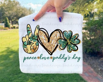 Peace Love Paddys Day png, St Patricks Day Clover Design, Lucky Shamrock png, Irish Holiday Art, Peace Love Clover Clipart Digital Download