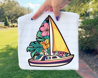 Floral Sailboat PNG • Beach Sublimation Design • Coastal Summer Clipart • Boho Sailboat Art • Retro Beach PNG • Instant Download