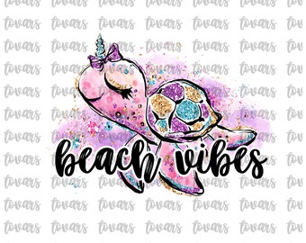 Beach Vibes Turtle Sublimation Download, Turtle Unicorn PNG File Instant Download Sublimation Download, watercolor Turtle Beach printable