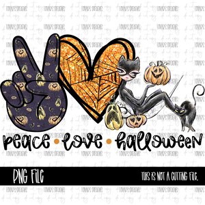 K&ouml;nnte beinhalten: Ein Peace-Zeichen mit einem K&uuml;rbis-Muster, ein Herz mit einem Spinnennetz-Muster und goldenem Glitzer sowie eine schwarze Katze, die als Superheld verkleidet ist und einen K&uuml;rbis h&auml;lt. Der Text "peace love halloween" befindet sich unter dem Bild.