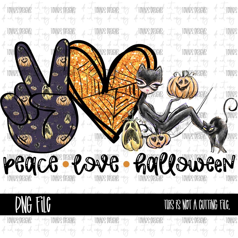 K&ouml;nnte beinhalten: Ein Peace-Zeichen mit einem K&uuml;rbis-Muster, ein Herz mit einem Spinnennetz-Muster und goldenem Glitzer sowie eine schwarze Katze, die als Superheld verkleidet ist und einen K&uuml;rbis h&auml;lt. Der Text "peace love halloween" befindet sich unter dem Bild.