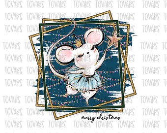 May include: A white mouse wearing a blue tutu and a gold crown holds a gold star. The mouse is surrounded by colorful lights and a blue and gold background. The text "merry christmas" is written below the mouse.