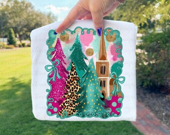 Coquette Christmas Trees png, Preppy Christmas church Frame design, digital download
