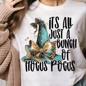 Hocus Pocus PNG | Teal Witch Hat Gold Glitter Bow Halloween Sublimation Design, Digital Download