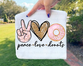 Peace Love Donuts png, projekt sublimacji pączków, urocze cliparty piekarnicze, słodkie smakołyki do druku, miłośnik pączków do pobrania w wersji cyfrowej