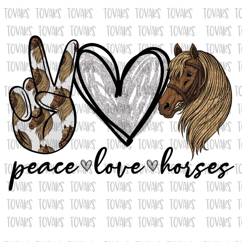 Puede incluir: Un signo de paz con un estampado de caballo, un coraz&oacute;n con purpurina y una cabeza de caballo con una brida marr&oacute;n. El texto "peace love horses" est&aacute; debajo de la imagen.