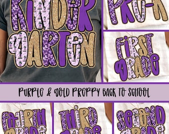 Paquete PNG de regreso a clases en morado y dorado: Diseños para profesores (descarga digital)