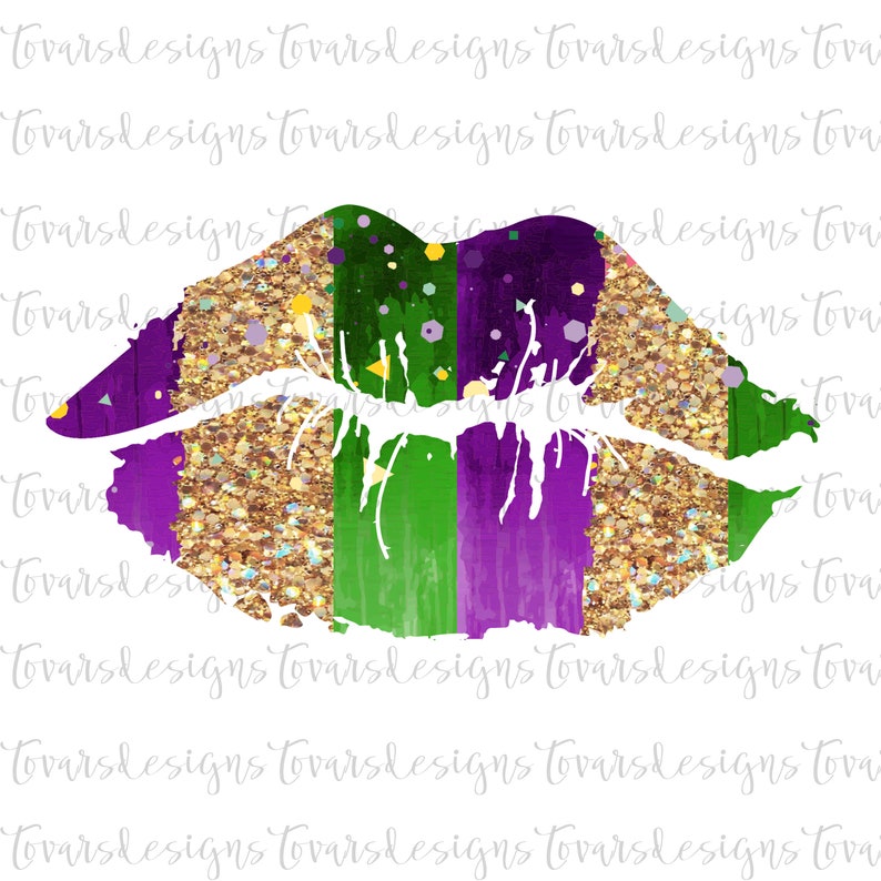 May include: A purple and green glitter lips design with gold glitter accents. The lips are outlined in white and have a dripping effect.