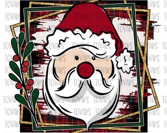 May include: A festive Christmas design featuring Santa Claus with a red hat and nose, white beard, and the text "Merry Christmas." The design includes a plaid background, gold frames, and sprigs of holly.