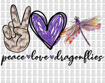 May include: Peace sign with a purple glitter heart and a dragonfly, with the text "peace love dragonflies".