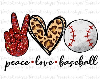 May include: Peace sign with red glitter, a leopard print heart, and a baseball with red stitching. The text "peace. love. baseball" is below the images.