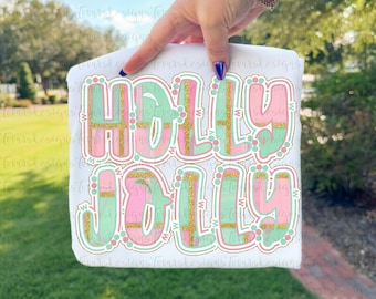 Holly Jolly PNG Design: Pink Plaid Christmas Digital Download, Preppy Doodle Letters design