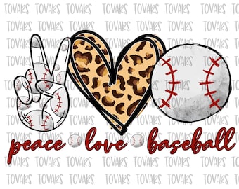 May include: Peace, love, and baseball graphic with a peace sign made of baseballs, a leopard print heart, and a baseball. The text "peace love baseball" is written in red.