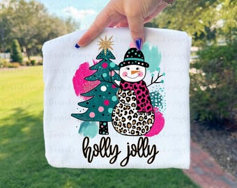 Holly Jolly Snowman png, Preppy Leopard Christmas Sublimation Design, Cute Holiday Clipart, Pink Christmas Printable Digital Download