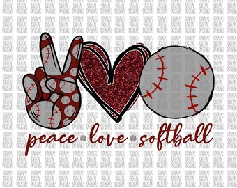 Peace Love Softball PNG, Maroon Gray Sublimation Design (Digital Download)