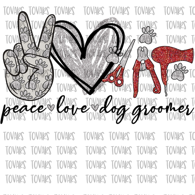 May include: Peace, love, dog groomer. A silver glitter heart with a peace sign and dog paw prints.  A set of dog grooming tools including scissors, clippers, and a hairdryer.