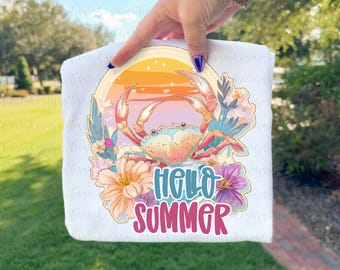 Floral Crab Hello Summer png, Beach Sublimation Design, Coastal Crab Clipart, Preppy Summer Printable Art, Digital Download