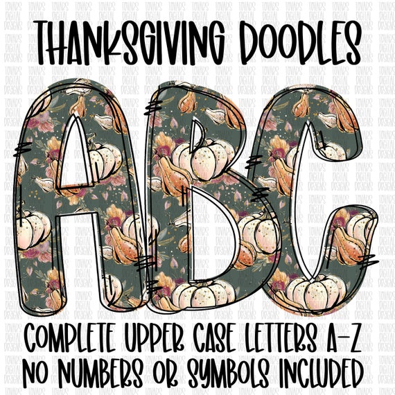 Thanksgiving Pumpkin Doodle Letters, Sublimation Alphabet (PNG Digital Download)