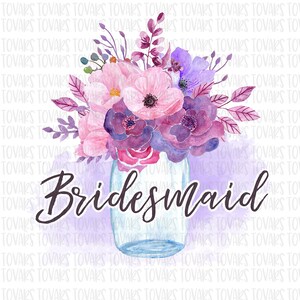 Bridesmaid Floral Mason Jar PNG: Purple Watercolor Sublimation (Digital Download)