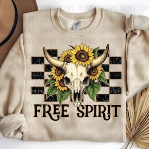 Western Cow Skull Digital Print, Free Spirit Design, Cow Skull Sublimation, Sunflower cow skull digital print, Cow Skull Checkered design