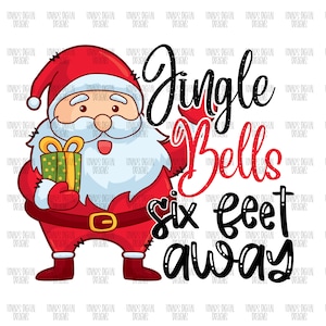 Puede incluir: Un Pap&aacute; Noel de dibujos animados sosteniendo un regalo envuelto con el texto "Jingle Bells Six Feet Away" en negro con lunares blancos.