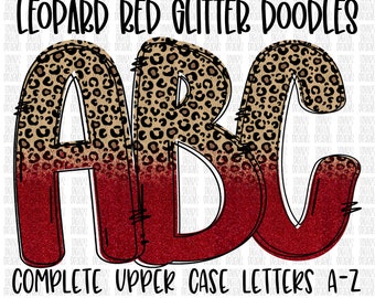 Doodle Letters, Sublimation Upper Case Alphabet, Alphabet red glitter LEOPARD Bundle png Alpha Pack Digital Download, leopard Doodle Letter