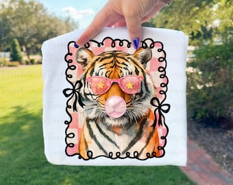 Coquette Tiger Design, Preppy Brushstroke Plaid Tigers png, Pink Bubble Gum Tiger (Digital Download)