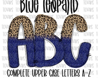Doodle Letters, Sublimation Upper Case Alphabet, Alphabet blue glitter LEOPARD Bundle png Alpha Pack Digital Download, leopard Doodle Letter