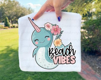 Beach Vibes Narwhal PNG • Cute Narwhal Summer Design • Ocean Animal Sublimation • Beachy Narwhal Art • Summer PNG • Digital Download