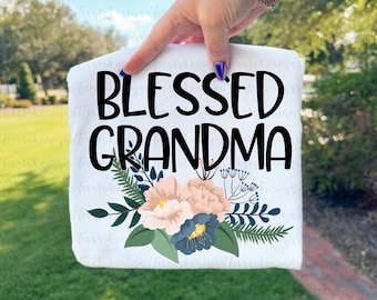 Abuela bendecida PNG / Letras de burbuja llamativas Ramo floral Melocotón Azul marino Salvia Clipart Diseño de sublimación (Descarga digital)