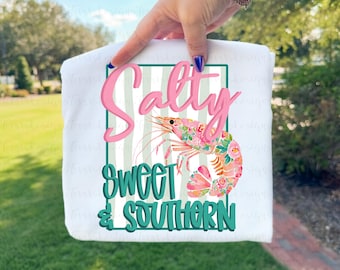 Doux salé du Sud png, Clipart côtier de crevettes florales, art de l'été plage preppy png téléchargement numérique