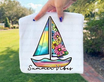 Summer Vibes Sailboat PNG • Beach Sublimation Design • Retro Sunset Boat Clipart • Coastal Summer PNG • Instant Download