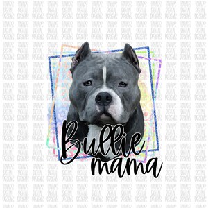 Puede incluir: Un pitbull gris con un fondo colorido y el texto "Bullie mama" en negro.