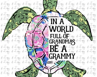 Turtle Grammy Floral PNG: Watercolor Sublimation Download