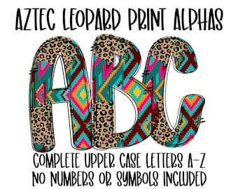 Doodle Letters, Sublimation Upper Case Alphabet, Alphabet Aztec LEOPARD Bundle png Alpha Pack Digital Download, Aztec leopard Doodle Letter