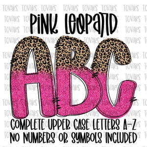 Doodle Letters, Sublimation Upper Case Alphabet, Alphabet Pink glitter LEOPARD Bundle png Alpha Pack Digital Download, leopard Doodle Letter