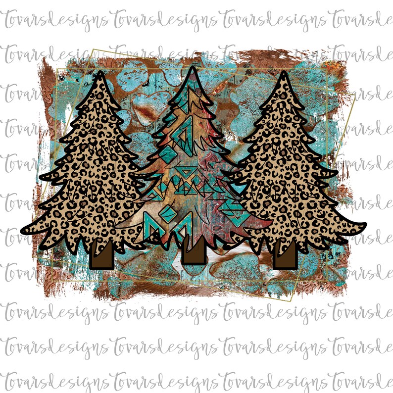 K&ouml;nnte beinhalten: Drei stilisierte Weihnachtsb&auml;ume vor einem rustikalen Hintergrund. Der mittlere Baum ist mit einem geometrischen Muster in T&uuml;rkis, Braun und Rot verziert. Die B&auml;ume an beiden Seiten sind mit einem Leopardenmuster verziert.