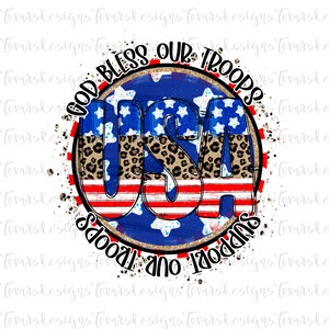 Könnte beinhalten: Ein roter, weißer und blauer Kreis mit Sternen und Streifen sowie einem Leopardenmuster. Der Text "God Bless Our Troops" und "Support Our Troops" ist um den Kreis herum geschrieben. Das Wort "USA" steht in der Mitte des Kreises.