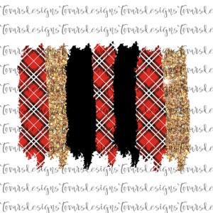 May include: Digital clipart featuring three vertical stripes. The stripes are red and white plaid, black, and gold glitter. The stripes have a rough, brushstroke effect.