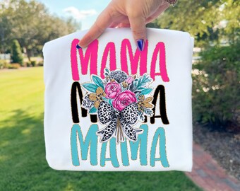 Mama Stacked PNG | Pink Black Teal Mama Text Gold Glitter Outline Floral Bouquet Leopard Bow Western Chic Sublimation Design